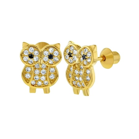 925 Sterling Silver Clear CZ Screw Back Owl Earrings Kids Girls Teens