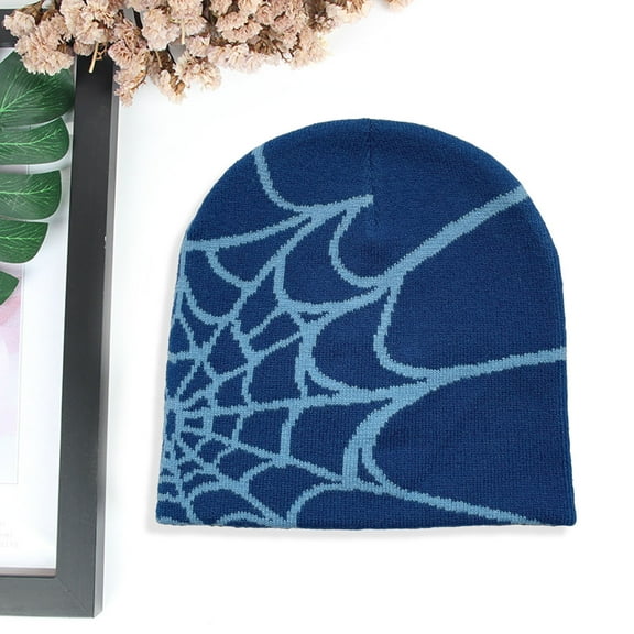 dianhelloya Warm hat Winter Hat Spider Web Print Knitted Unisex Beanie Hat Halloween Party Cap High Elasticity Anti-shrink Contrast Color Outdoor Cold Resistant Cycling Hat Sky Blue