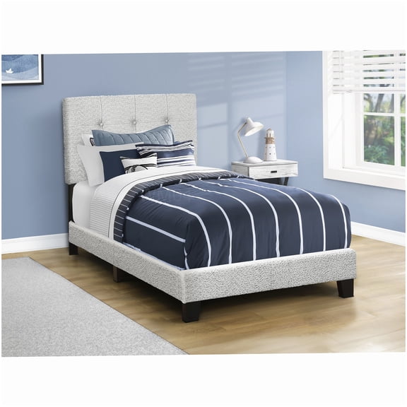 Modern Twin Platform Bed with Button Tufted Headboard, Light Grey Boucle Upholstery, No Box Spring Needed