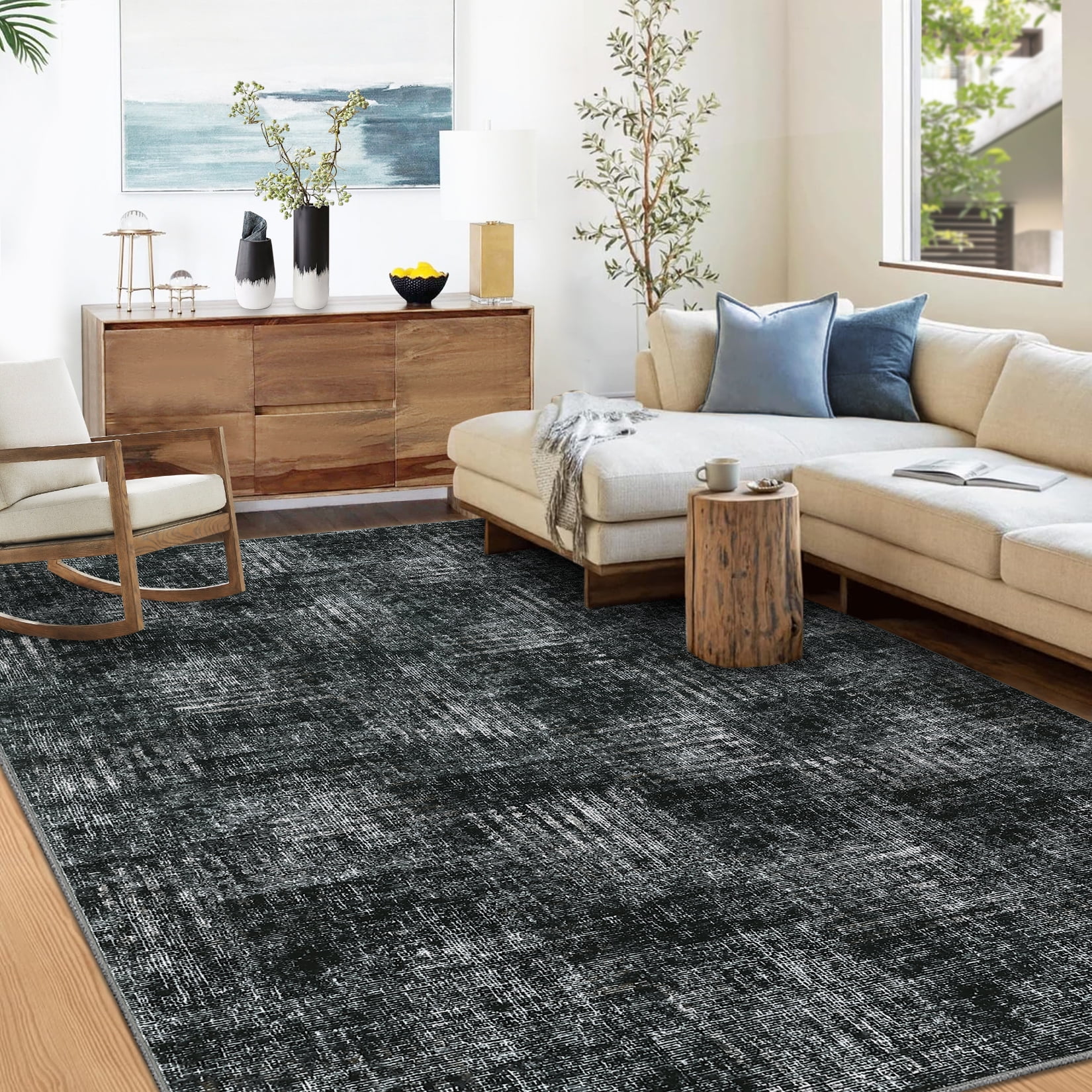 Tzou Modern Washable Area Rugs 5'x7' for Living Room, Soft Plaid Carpets Non-Slip, for Dining Room Bedroom