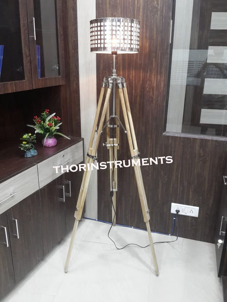Hollywood Vintage Teak Wood Floor Tripod Lamp Stand With Chrome Shade ...