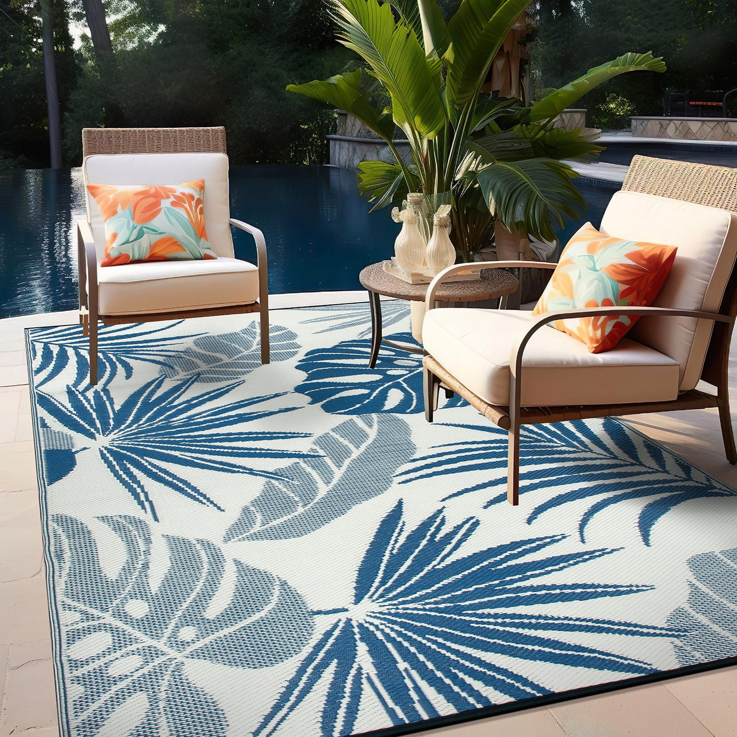 World Rug Gallery Tropical Floral Leaf Reversible Recycled Plastic Outdoor Picnic Mat, Camping Rug, RV Rug - NAVY 5'x7'