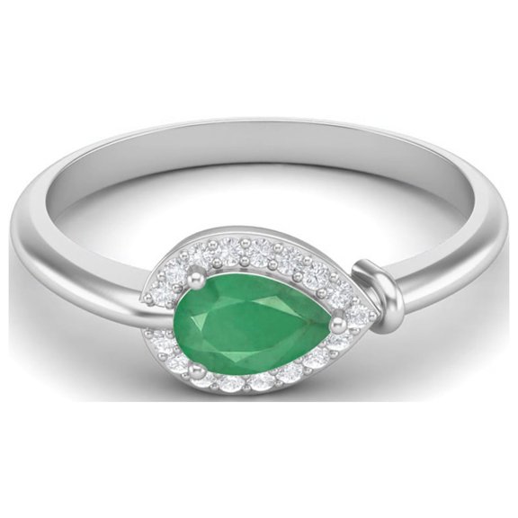 6X4 mm Pear Emerald 925 Sterling Silver Women Halo Solitaire Valentines Day Gifts Ring