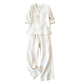thumbnail image 4 of Linen Sets For Women 2 Piece Summer Long Sleeve V Neck Shirts Matching Wide Leg Lounge Pants Resort Beach Vacation Outfits/White/M, 4 of 4