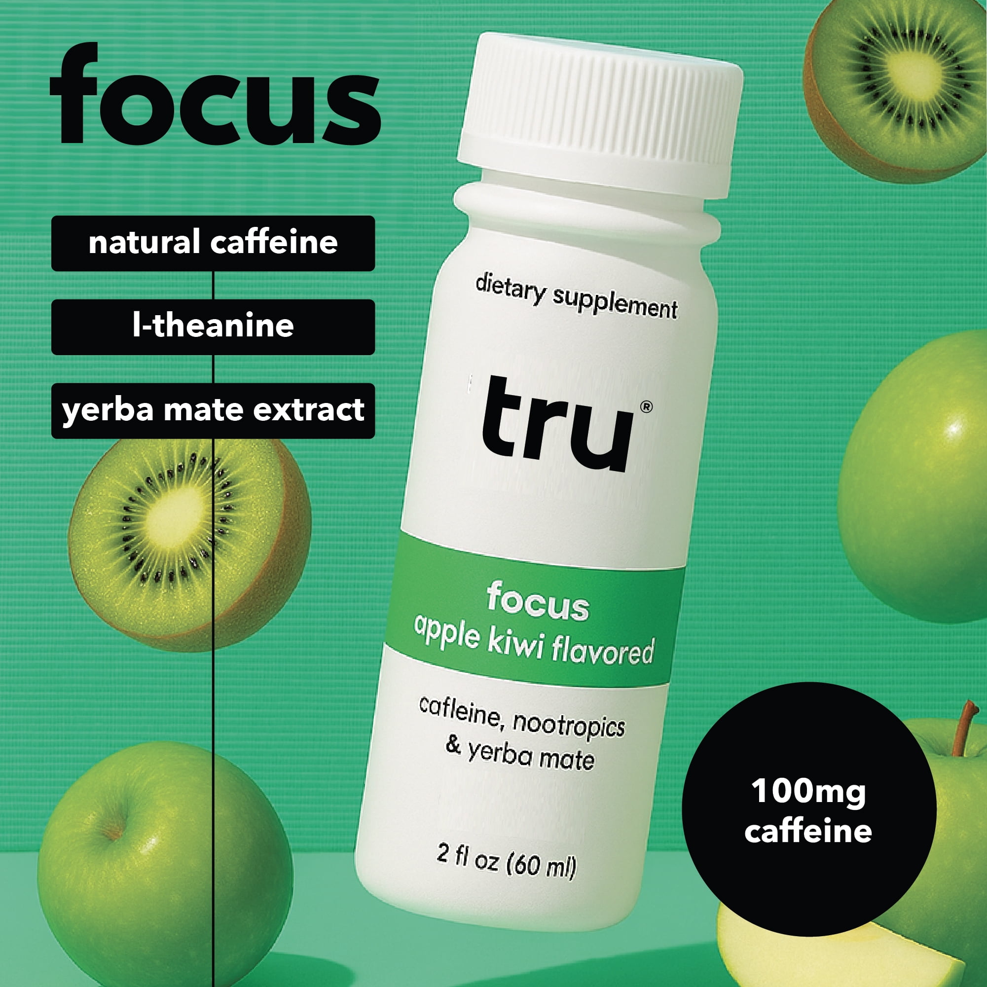 Tru Focus Wellness Shot Apple Kiwi Flavored Energy Drink 12 Pack 2 oz