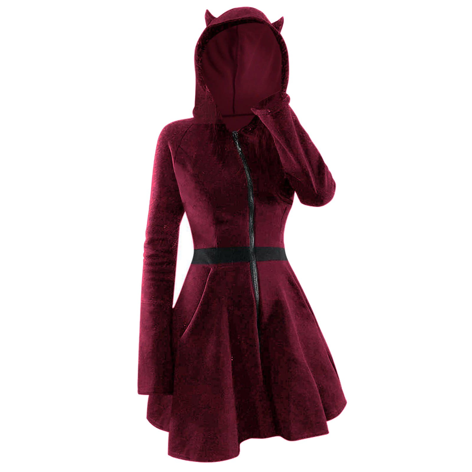 QATAINLAV Womens Gothic Hoodies Dress Fall Winter Long Sleeve Cat Ear Hooded Sweatshirts Zip up Velvet Jacket Dresses Halloween Costume, Wine, XXL