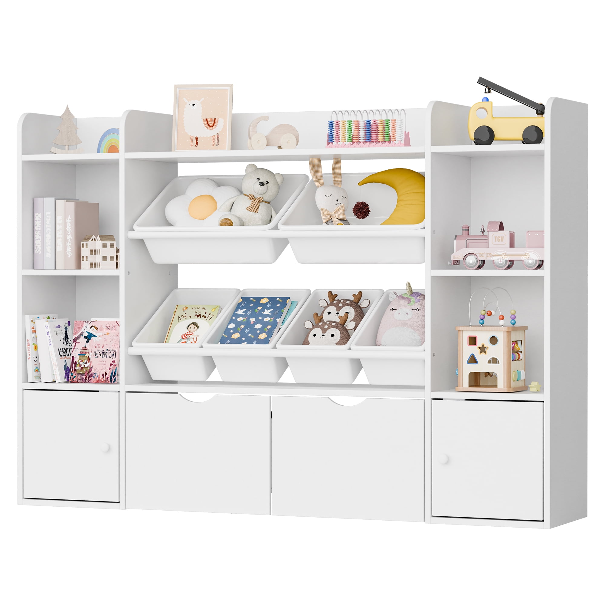 Reasea 6-Bin Toy Storage Organizer for Kids – 4-Tier Bookshelf with 6 Removable Cubbies & 2 Movable Drawers, Kids Toy Shelf for Playroom, Bedroom– White