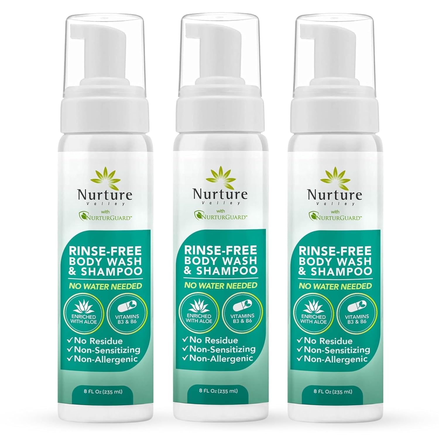 Nurture Rinse-Free Body Wash & Shampoo, 8 oz No-Rinse Waterless Cleansing Foam with Aloe Vera for Hair & Body, Sensitive Skin, Women & Elderly, 3 Pack