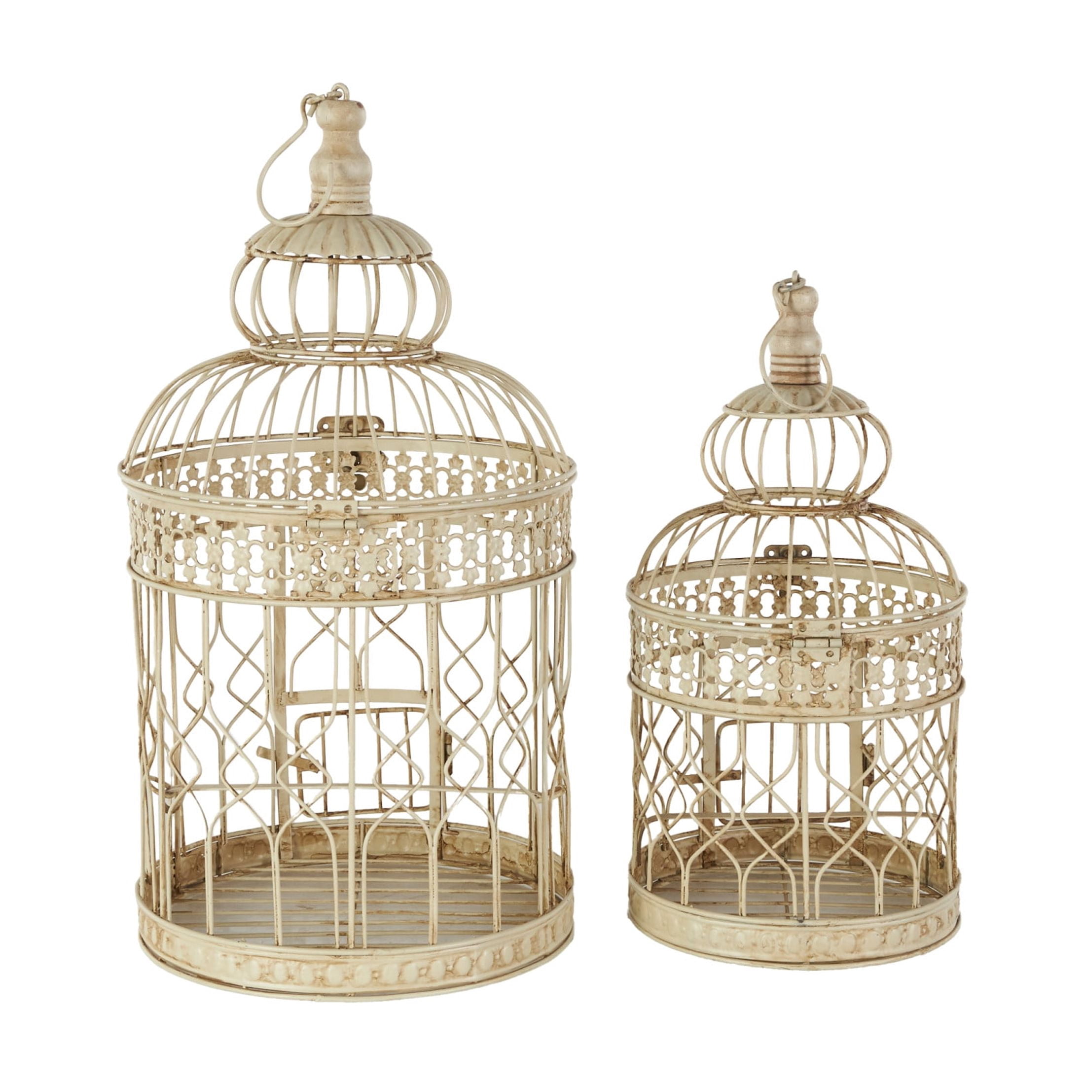 DecMode Hinged Top Cream Metal Birdcage with Latch Lock Closure and Hanging Hook, Set of 2