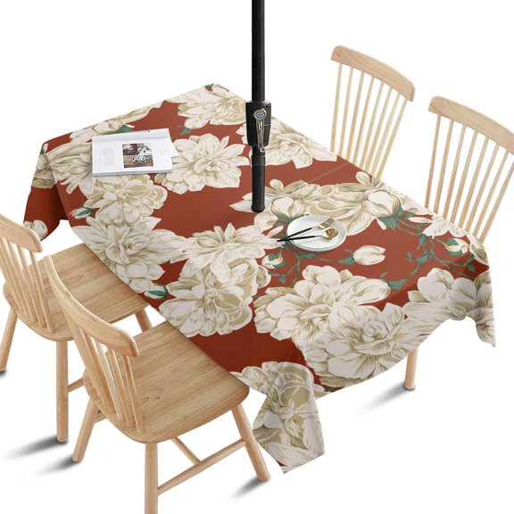 Outdoor White Flowers on Red Tablecloth with Umbrella Hole and Zipper,Rectangle Waterproof Wrinkle Free Table Cloth Decorative Fabric Washable Table Cover for Patio, Party, Picnic 60 X 84 Inch