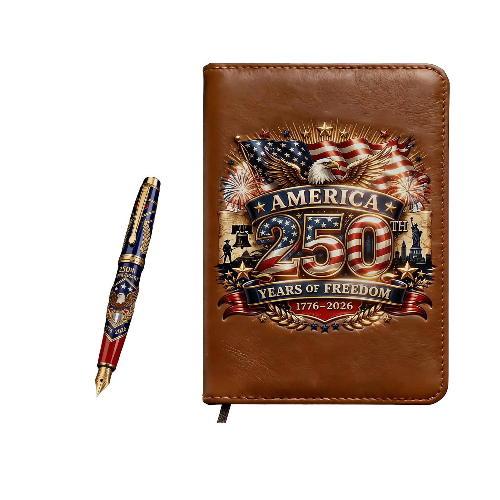 US 250th Anniversary Commemorative Gift Set, 1776-2026 Patriotic Fountain Pen & Leather Notebook, America 250 Years of Freedom Souvenir