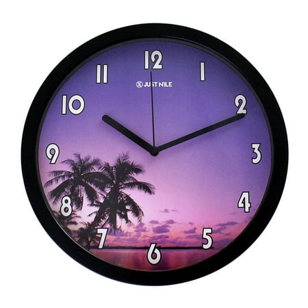 Justnile 10 Nautical Round Quiet Sweep Movement Wall Clock Black Frame And Hands Palm Tree With Purple Sunset Justnile 10 Nautical Round Quiet Sweep Movement Wall Clock Black Frame And Hands Palm Tree With Purple Sunset