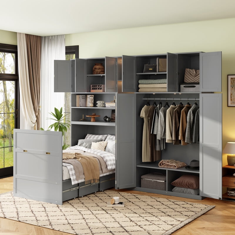 Twin Size Pull Out Murphy Bed with Wardrobe & Shelves, Storage Platform Bed Frame with LED Display Shelves & Overhead Cabinets