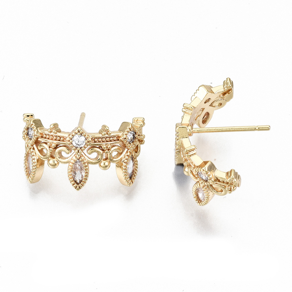 30 pc Brass Micro Pave Clear Cubic Zirconia Stud Earrings Nickel Free Crown Real 18K golden Plated 9.5x18mm Pin: 0.7mm