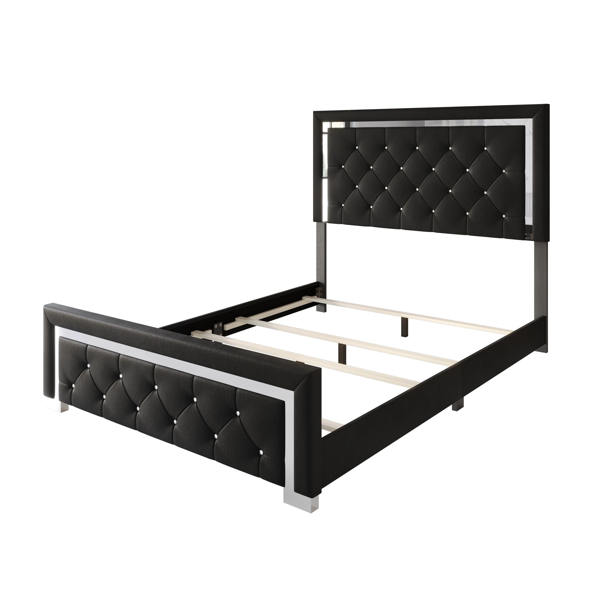 Home Design Toccoa Full Upholstered Panel Bed Frame with Diamond Button-Tufted Headboard and Silver Metal Accents, Black, Easy Assembly