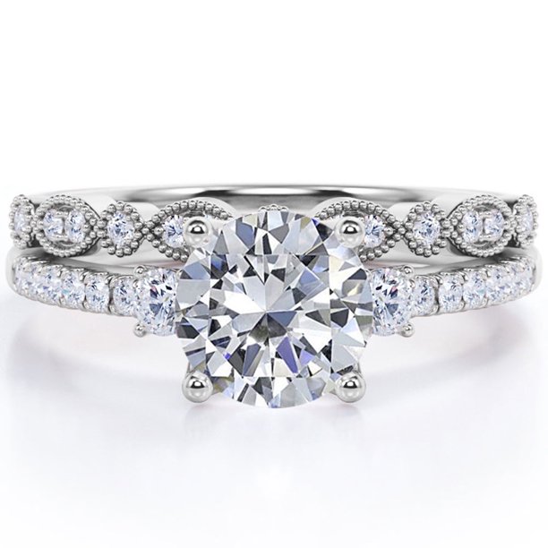 JeenMata Anillo de Bodas con Trilogía Moissanita Redonda de 1,75 Quilates, Diseño Vintage, Milgrain de Filigrana, Pavé, Baño de Oro Blanco de 18 K sobre Plata
