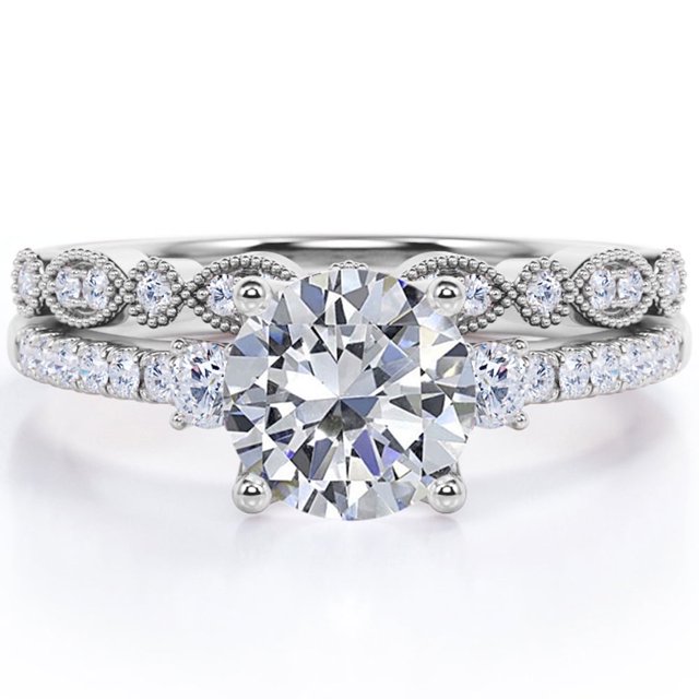 JeenMata Anillo de Bodas con Trilogía Moissanita Redonda de 1,75 Quilates, Diseño Vintage, Milgrain de Filigrana, Pavé, Baño de Oro Blanco de 18 K sobre Plata