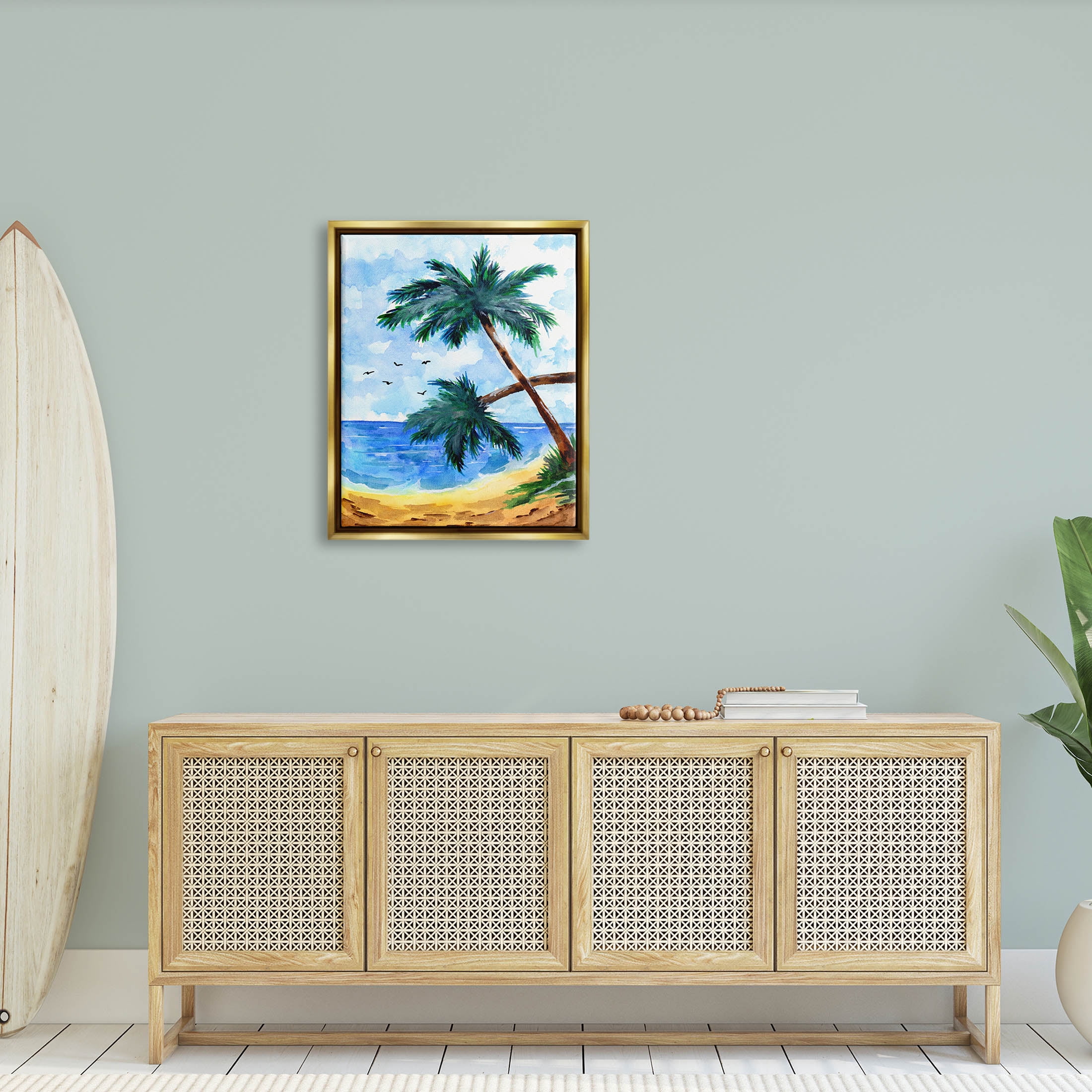 Tropical Beach Palms Birds Flying Coastal Painting Metallic Gold Framed Art Print Wall Art