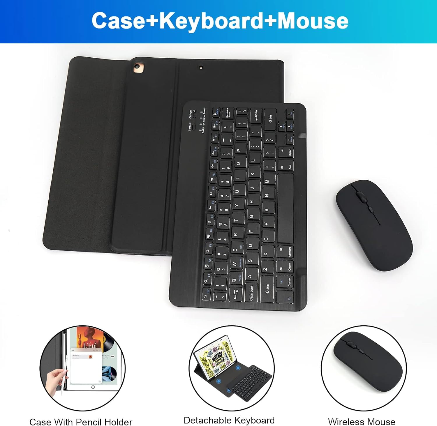 KOMI Wireless Keyboard Case with Mouse for iPad 10.2" 9th 8th 7th Generation, Detachable Bluetooth Keyboard with Pencil Holder for iPad 10.2 Inch/iPad Air 10.5"(3rd Gen)/iPad Pro 10.5 in, Black