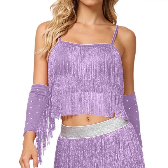 VNKIDY Womens Solid Color Fringe Sequin Camisole Top Spaghetti Straps Sleeveless Crop Top For Party Holiday Daily Wear Purple