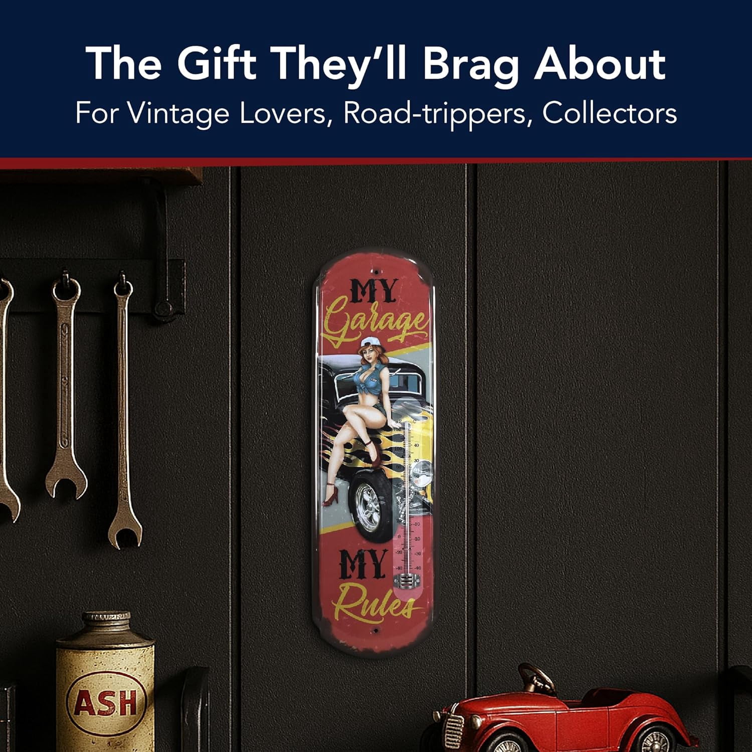 My Garage My Rules Vintage Metal Thermometer - Functional Indoor/Outdoor Wall Thermometer with Embossed Edge, Hot Rod & Pin-Up Design for Garage, Man Cave, or Workshop
