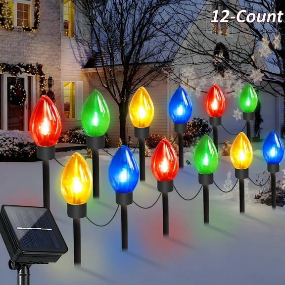 LENDOUR Christmas Pathway C9 String Lights Outdoor, 25 Ft 12 Clear Lights with Stakes, Waterproof for Xmas Party Holiday Commercial Outdoor Decoration