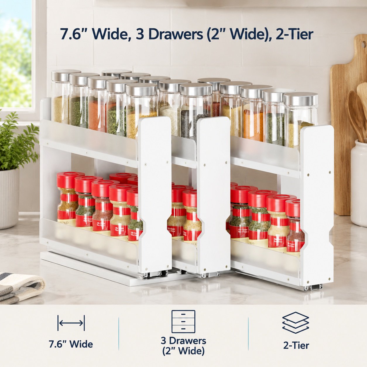 Bamboo Pull Out Spice Rack Organizer for Cabinet Heavy Duty Slide Out Kitchen Pantry Storage 7.6 Wide 3 Drawers (2 Wide) 2-Tier White