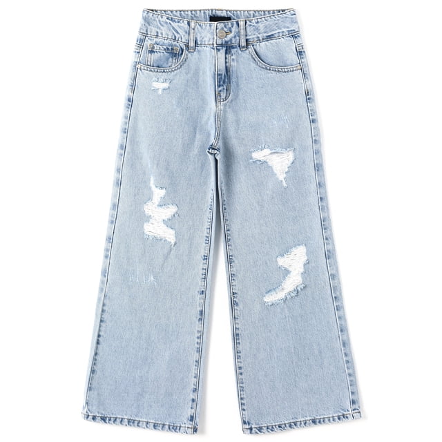 KIDSCOOL SPACE Girls Flare Jeans,Little Big Girl Ripped Wide Leg Soft Denim Pants,13-14 Years
