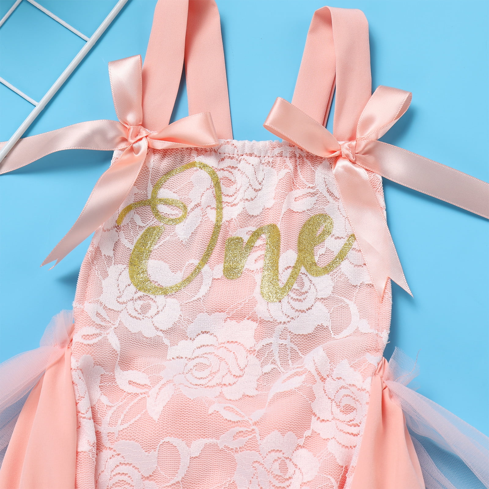 IBTOM CASTLE Baby Girl 1st Birthday Outfit Lace Tulle Romper Princess Tutu Dress Headband Shiny ONE Cake Smash Photo Shoot Clothes 12-18 Months Peach Pink