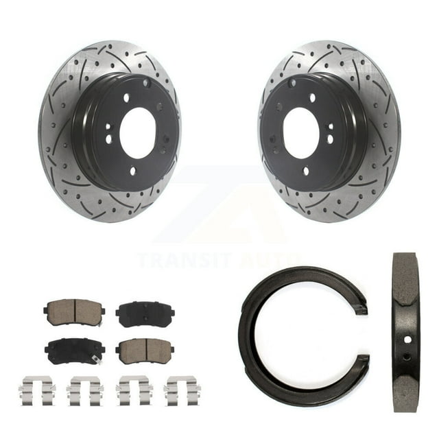 Transit Auto Rear Disc Drilled & Slotted Rotors Ceramic Pads and Parking Brake Shoes Kit for Car Kia Optima with Manual KDC-101470