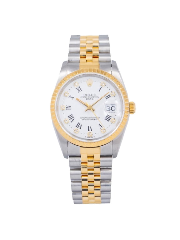 Pre-Owned Rolex Date 34MM 15223 White Roman Diamond Dial Engine Turned Bezel Two Tone Yellow Gold Jubilee Bracelet