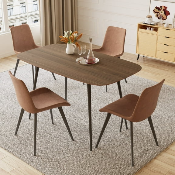 5 Piece Dining Table Sets,Wood Dining Table& Leather Modern Dining Chairs Set of 4, Round Corners (1Table with 4 Brown Chairs)