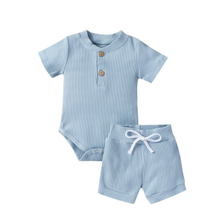 

Maxcozy Summer Newborn Baby Boy Girl Ribbed Outfits Cotton Button Short Sleeve Tops Bodysuit + Shorts