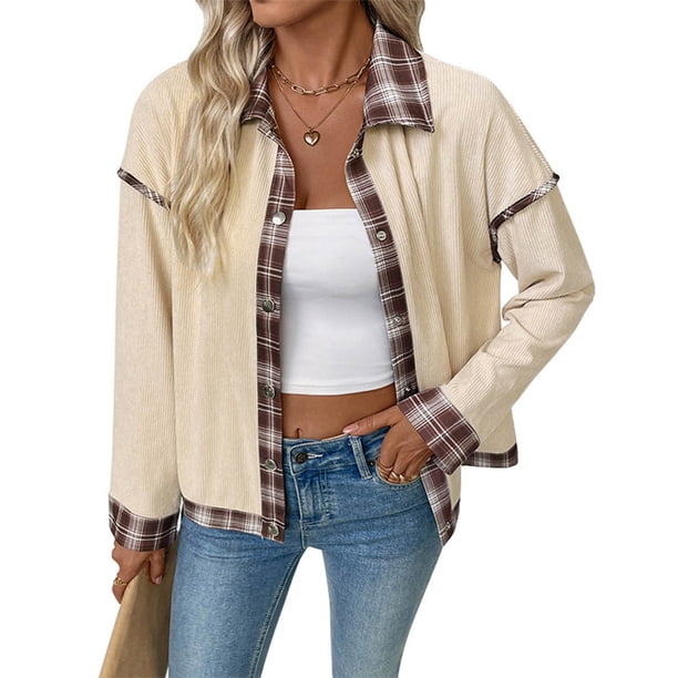 Chaquetas y abrigos casuales sin mangas y sin capucha para mujer, chaqueta de pana a cuadros con cuello a la moda, chaqueta de poliéster para mujer.