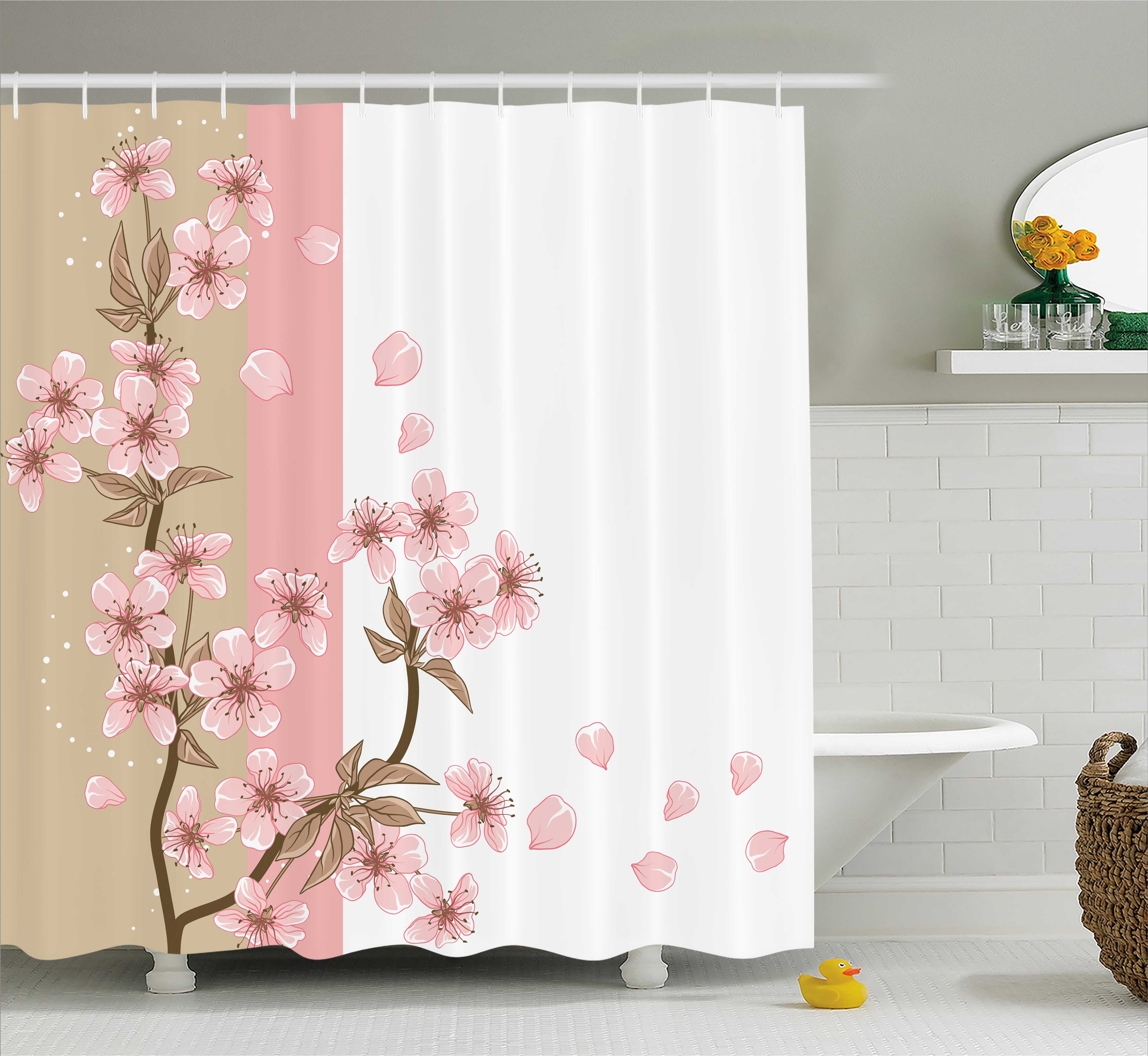 Japanese Shower Curtain, Romantic Sakura Blooms Flowers Petals Spring