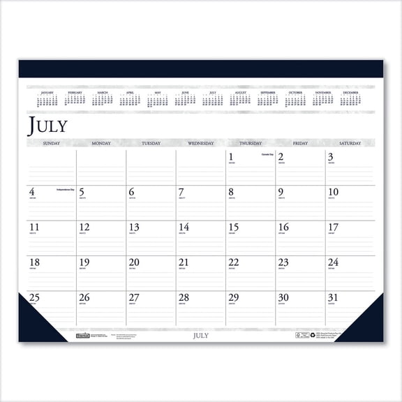 House of Doolittle 1556 18.5 in. x 13 in. 14-Month (Jul 2025-Aug 2026) Recycled Academic Desk Pad Calendar - White/Blue Sheets/Blue Binding/Corners