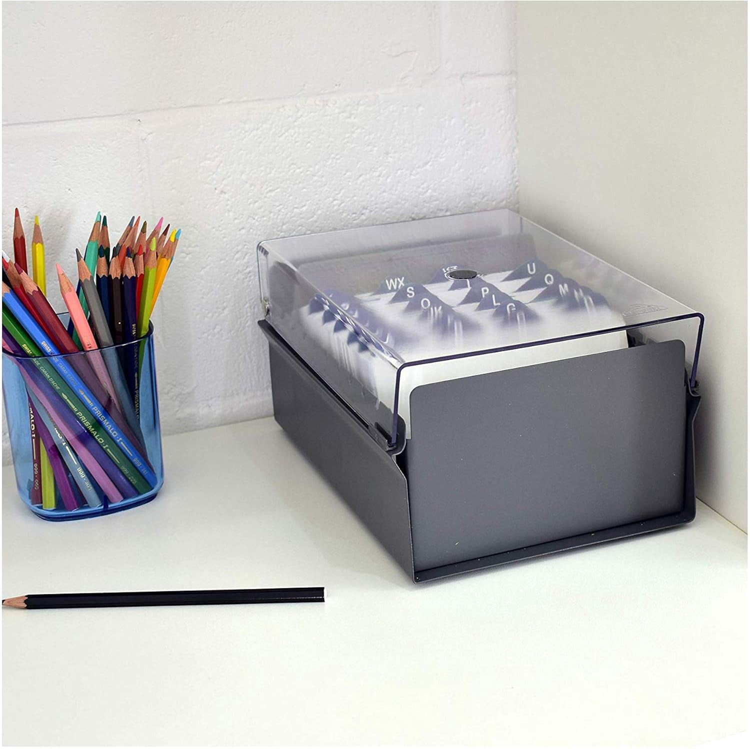 Acrimet 4 x 6 Card File Holder Organizer Box Metal Base Heavy Duty (AZ Index Cards and Divider Included) (Gray Color with Clear Crystal Plastic Lid Cover)