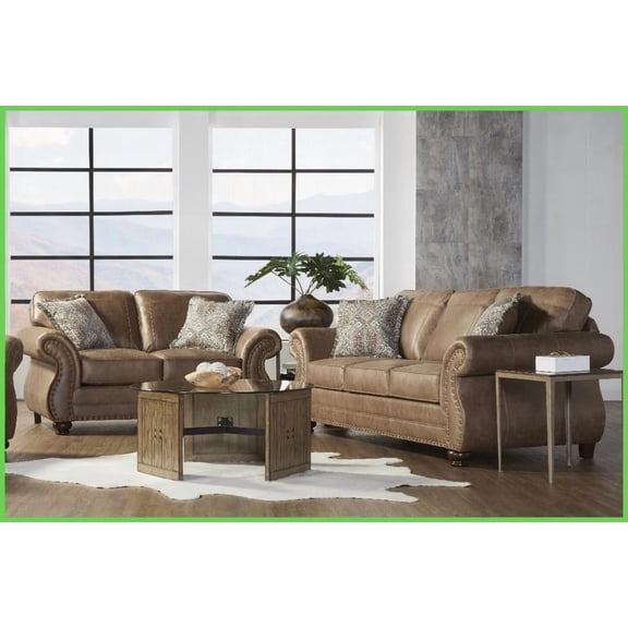 Leinster Traditional Living Room Faux Leather Sofa & Loveseat Set – Ginger Brown with Antique Bronze Nailheads