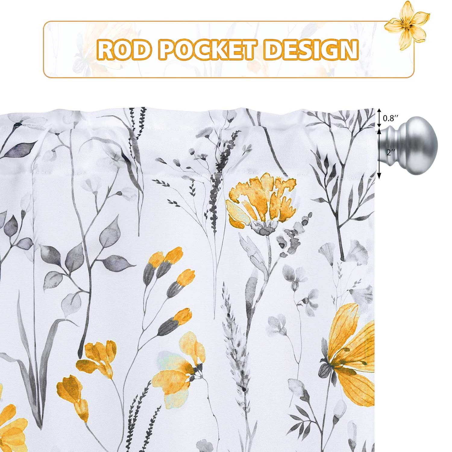 Alishomtll Kitchen Curtains Yellow Floral Light Filtering Small Window Kitchen Curtains Sets ,26"Wx36"L,2 Panels,Rod Pocket