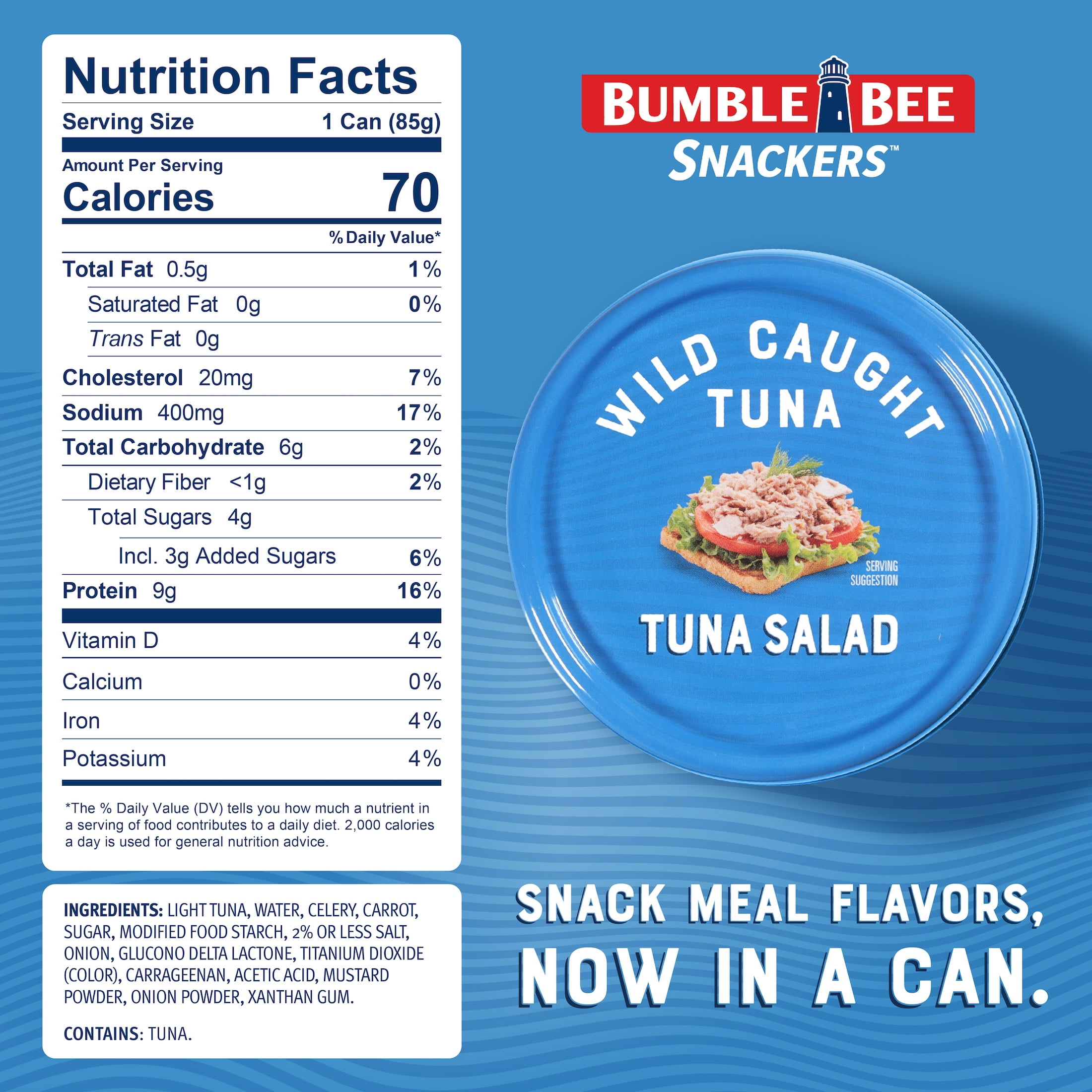 (16 pack) Bumble Bee Chunk Light Tuna Salad, Wild Caught, Gluten Free, 9g Protein per Serving, Ready to Eat, No Draining, Shelf Stable Pull Tab Can, 3oz