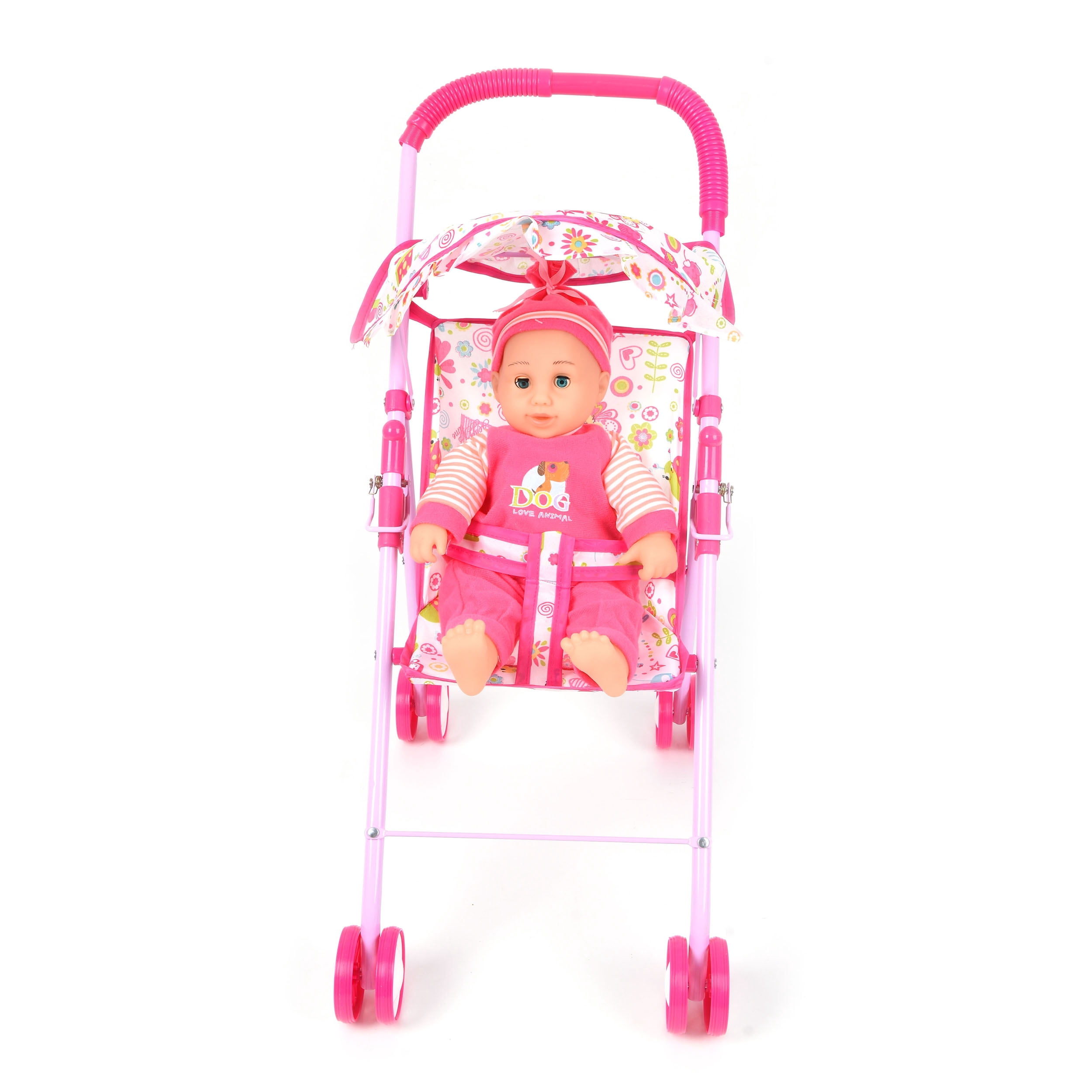 WonderPlay Pretty In Pink Kids Doll Stroller With 14 Inch Doll & 4 Sounds - Red