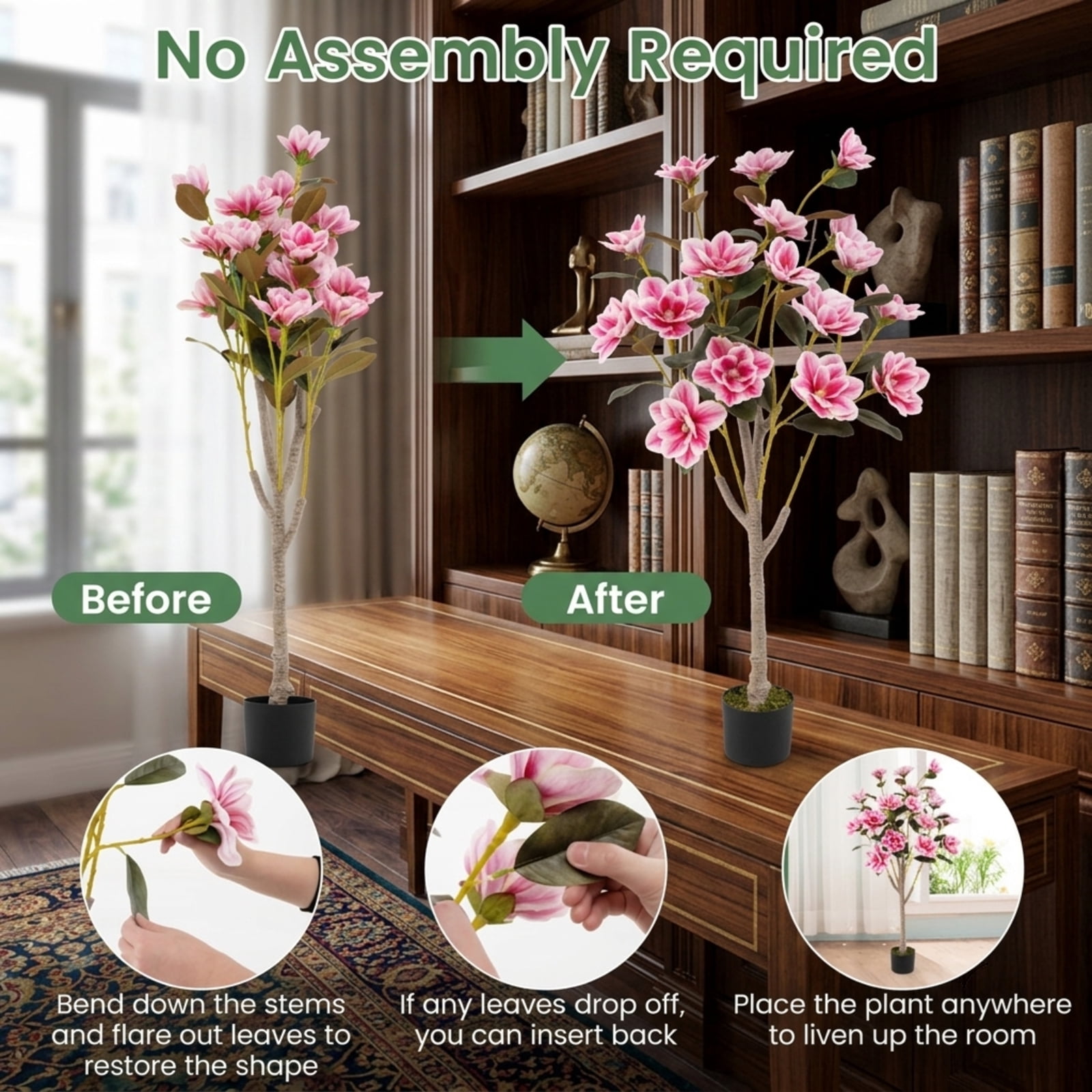 Vebreda 51 in Artificial Magnolia Tree, Faux Potted Flowering Plant with 18 PEVA Magnolia Blooms and Cement-Filled Pot, Indoor Home Office Wedding Decor, Pink