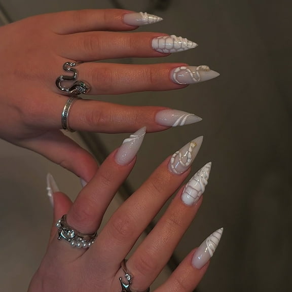 Halloween Press-On Nails, Almond Shape with 3D Snake & Gold Beads, 24 Pcs Full Cover Fake Nails, Spooky Chic Manicure Kit for Holiday Party Cosplay