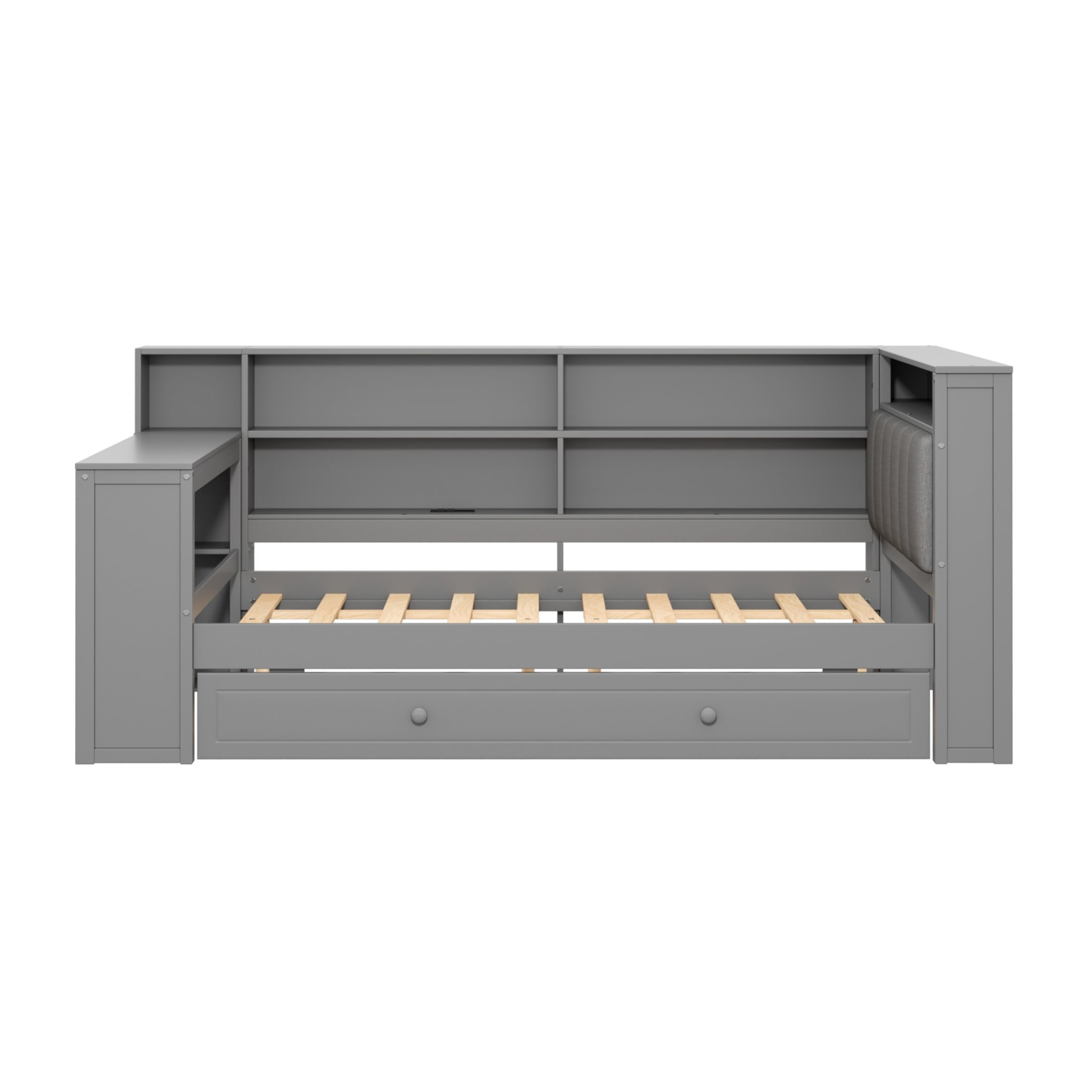 Noble House Full Platform Bed with Storage Shelves and Trundle, LED Desk and Integrated USB, Upholstered Headboard, Gray