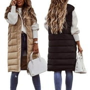 Women Warm Keeping Long Gilet Solid Colour Sleeveless Zipper Puffer Jacket Hooded Waistcoat Midi Length Down Vest Thicken Quilted Coat Padded Outwear Streets