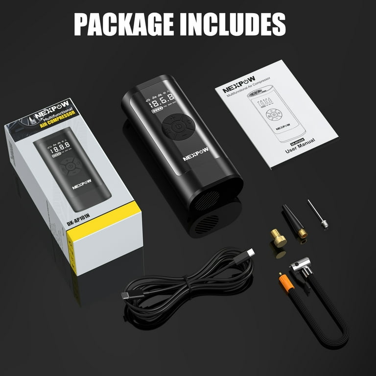FOWAWU 6000mAh 150 PSI Portable Air Compressor, Cordless Tyre Inflator for Car Moto Bike Ball, Rechargeable Battery Car Tyre Pump, Dual-screen LED Dispaly, Auto Shut Off