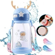 SAYLITA Kids Water Bottle with Straw/Lanyard for School Kids Girls Boys, 20.29 oz BPA Free Child Drinking Water Bottle One-Click-Open Leak-Proof Locking Flip Lid for School Sport Travel