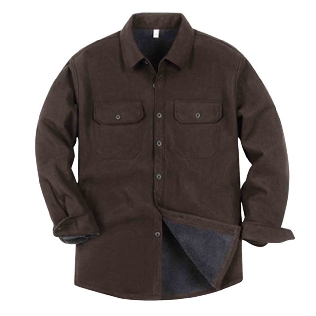 Lovzfmll Men's Corduroy Shirt Jacket in coffee color, size 4XL. This flannel-lined jacket features a button-front closure, two chest pockets with buttoned flaps, and a lapel collar. Made from durable polyester corduroy with fleece lining for added warmth, it is designed for casual and daily wear during winter. The long sleeves and regular length provide a comfortable fit.