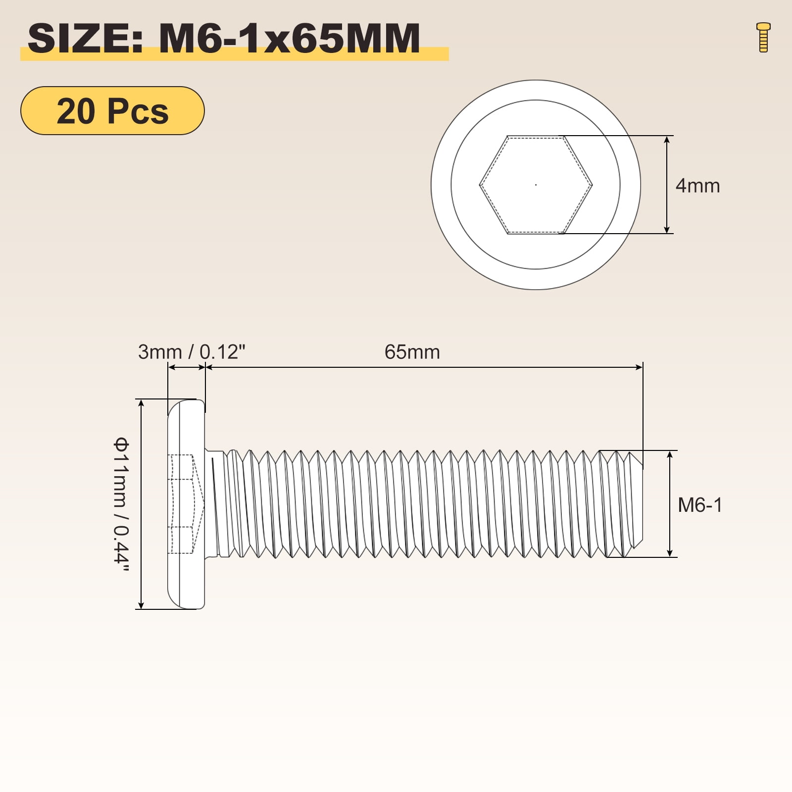 Flat Head Hex Socket Cap Screws Bolts(M6-1x65) 20Pcs, 304 Stainless Steel Hex Socket Furniture Bolts Countersunk Screws - for Furniture Woodworking Project, Silver Tone