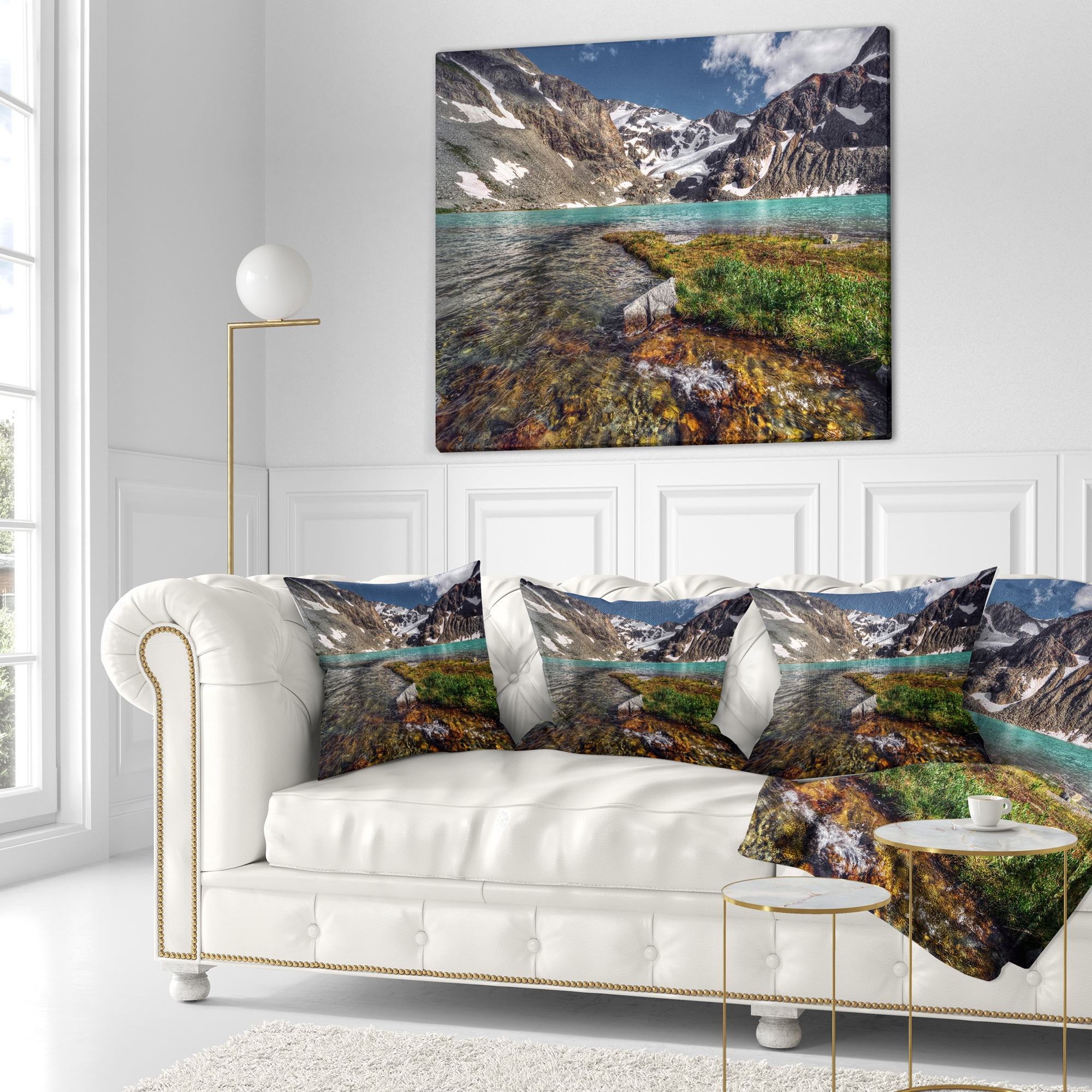 Designart Crystal Clear Creek in Mountains - Landscape Printed Throw Pillow - 18x18
